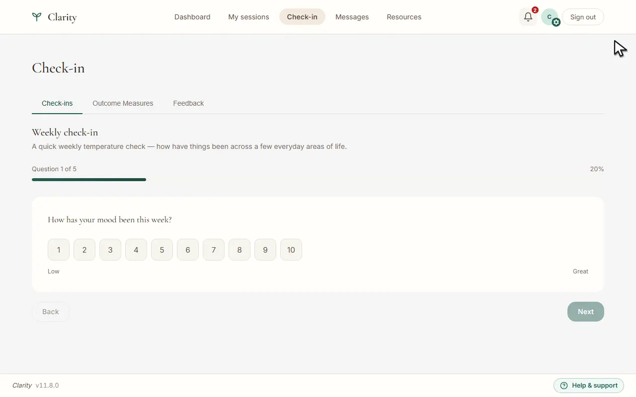 A client's check-in page in the Clarity portal, asking how well they have been sleeping on a scale of 1 to 10