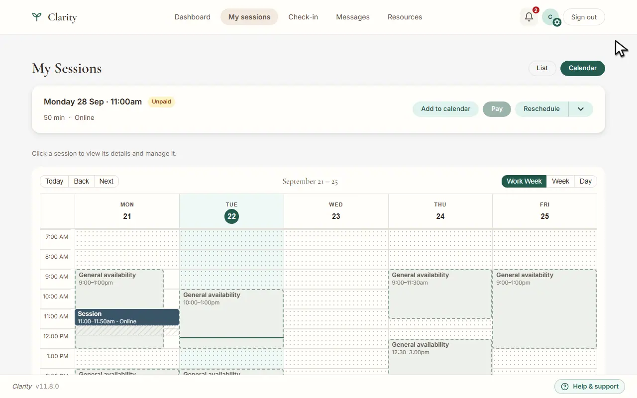 A client's sessions page in the Clarity portal, listing upcoming and past sessions